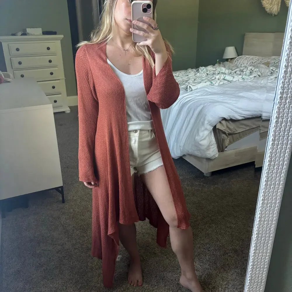 Kby 100% Bamboo Long Line Open Front Draped Asymmetric Cardigan Orange